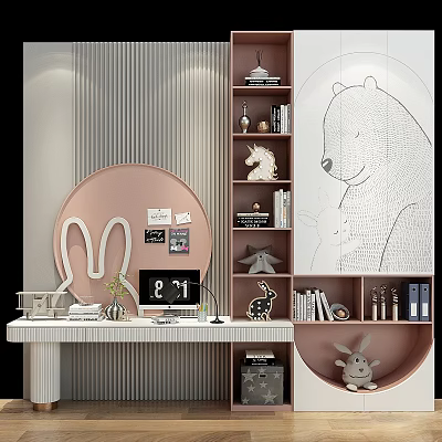 Cute Pink Bookshelf In Kids Room With Bunny Decor Bear Mural And Unicorn Ornaments 3d model