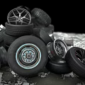 Stacked Tires With Various Rims Arranged On Brick Floor Surface 3d model