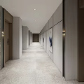 Elegant Hotel Corridor With Ink Mountain Painting Wooden Doors And Recessed Lighting