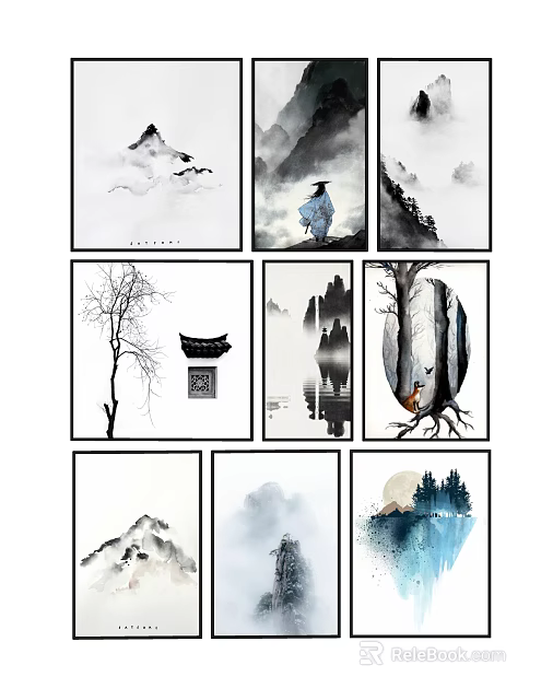 Chinese Ink Paintings Collection Featuring Mountain Water Figures Trees Ancient Architecture Moon And Deer 3d model 