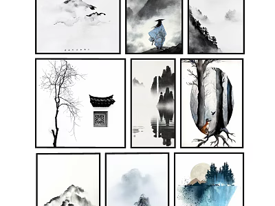 Chinese Ink Paintings Collection Featuring Mountain Water Figures Trees Ancient Architecture Moon And Deer 3d model