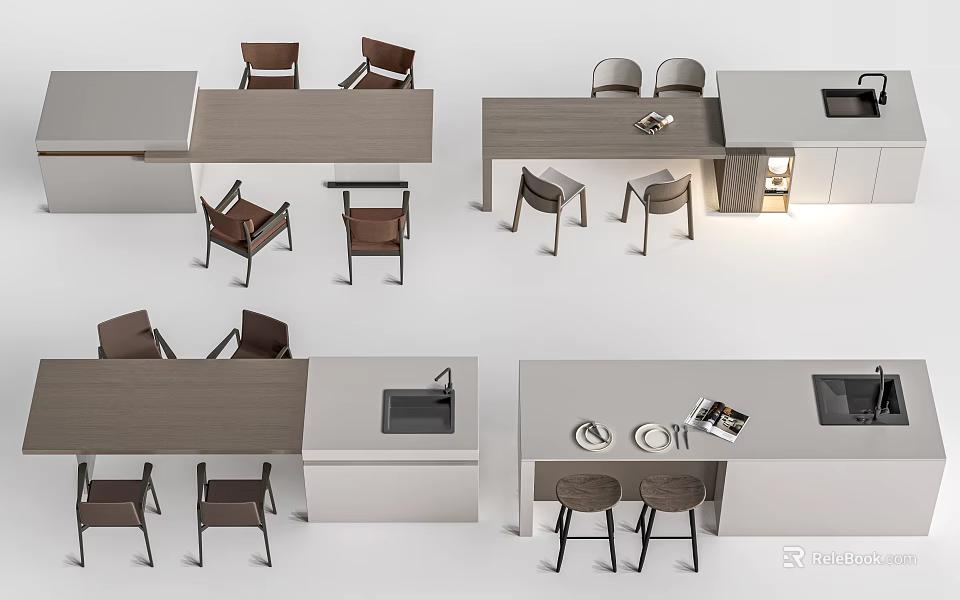 Modern Dining Chairs With Dining Table And Kitchen Island Interior Design 3d model 