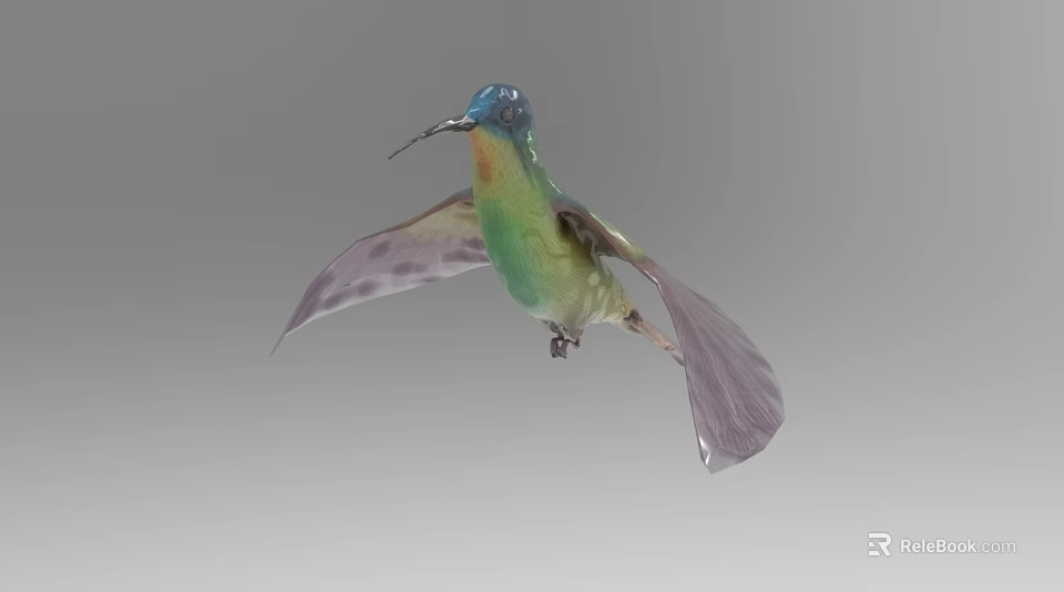 Vibrant Hummingbird With Blue Head Green Body Purple Wings And Tail Flying 3d model 