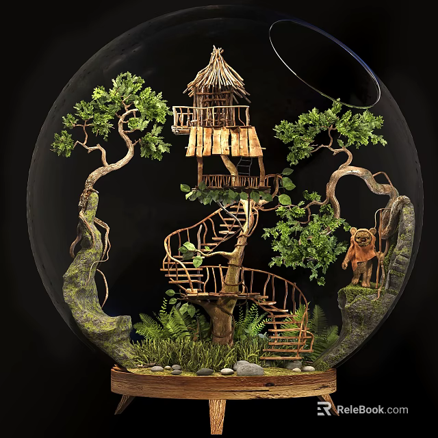 Terrarium With Treehouse Spiral Stairs Lush Trees And Miniature Landscape 3d model 