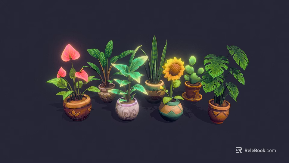 Colorful Potted Plants With Sunflower Cactus And Decorative Pots For Interior Design 3d model 