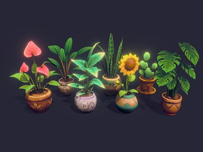 Colorful Potted Plants With Sunflower Cactus And Decorative Pots For Interior Design 3d model