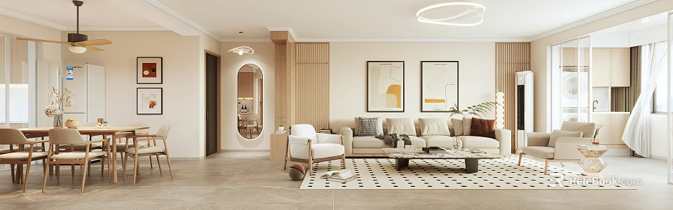 Minimalist Modern Living And Dining Area With Sofa Armchair Art Prints 3d model 