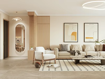Minimalist Modern Living And Dining Area With Sofa Armchair Art Prints 3d model