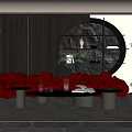 Modern Dining and Living Room Interior With Red Cloud Sofa Round Decorative Wall And Black Coffee Tables