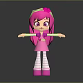 Cartoon Character with Pink Hair Green Headband Pink Dress Striped Socks Pink Shoes Arms Outstretched