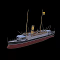 Detailed Wooden Warship Model With Two Masts Chimney Yellow Flag And Black Red Hull