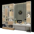 Wooden Bookshelves With Layered Design Books Decorative Figurines Wall Clock Table Lamp And Illuminated Lighting