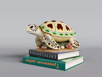 Realistic Hand Carved Turtle Sculpture with Intricate Shell Details on Stacked Books 3d model
