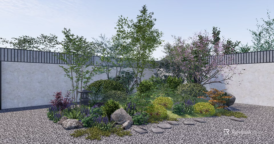 Varied Plant Combination in Garden Landscape with Trees Shrubs Flowers Stones Stepping Stones and Lantern 3d model 