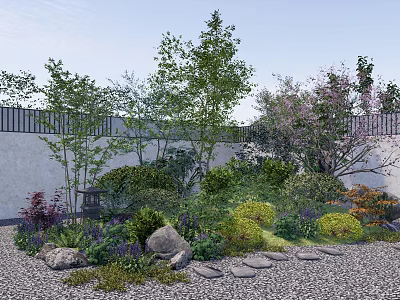 Varied Plant Combination in Garden Landscape with Trees Shrubs Flowers Stones Stepping Stones and Lantern 3d model