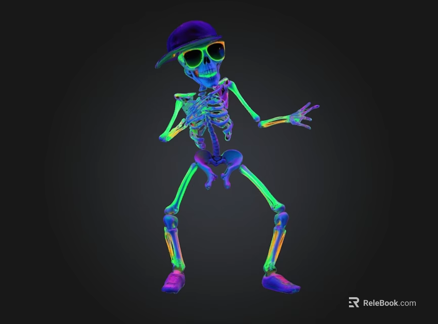 Colorful Skeleton Doll Wearing Purple Cap And Sunglasses Striking Dancing Pose Against Black Background 3d model 