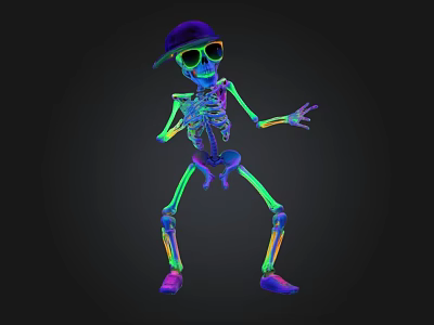 Colorful Skeleton Doll Wearing Purple Cap And Sunglasses Striking Dancing Pose Against Black Background 3d model