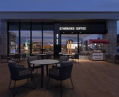Starbucks Coffee Cafe Outdoor Patio Area With Large Glass Windows And Evening Ambiance 3d model