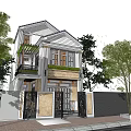 Elegant Two Story Detached Villa Exterior With Decorative Gate Driveway And Trees