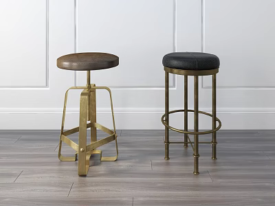 Stylish Bar Stools With Brown And Black Seats And Golden Metal Frames On Wooden Floor 3d model