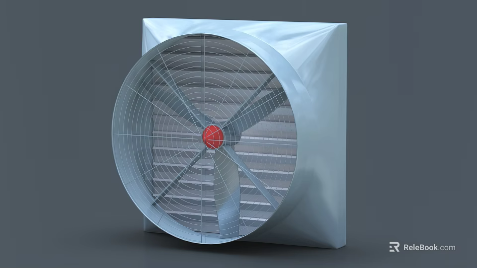 Industrial Exhaust Fan With Square Metal Housing Red Center Motor And Protective Mesh Guard 3d model 