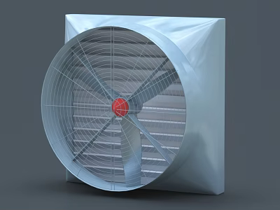 Industrial Exhaust Fan With Square Metal Housing Red Center Motor And Protective Mesh Guard 3d model