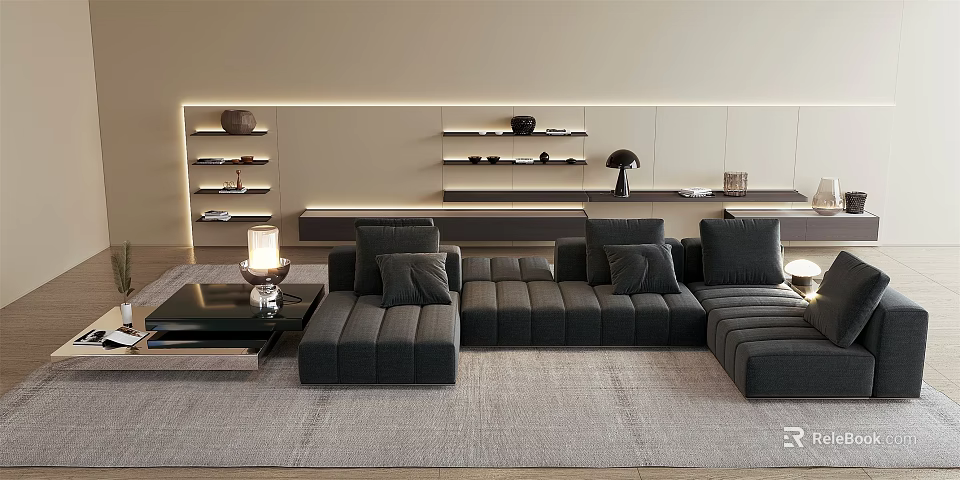 Gray Sectional Sofa Living Room Interior With Coffee Table Rug And Shelves 3d model 