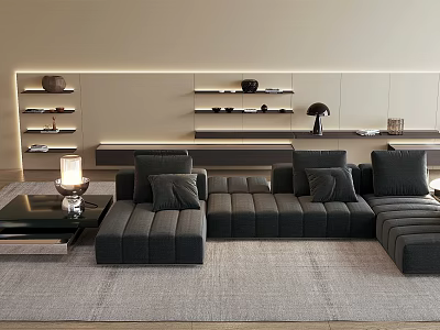 Gray Sectional Sofa Living Room Interior With Coffee Table Rug And Shelves 3d model