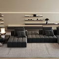 Gray Sectional Sofa Living Room Interior With Coffee Table Rug And Shelves
