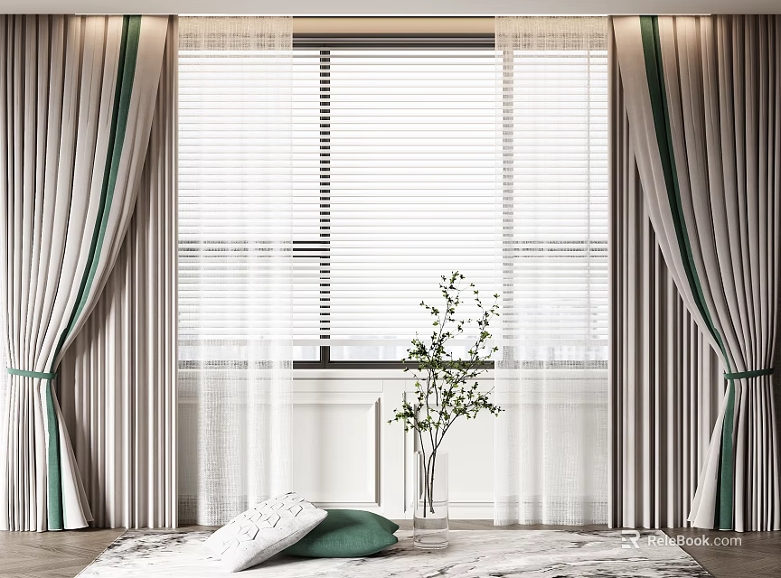 Beige Curtains With Green Stripes And Window Blinds In Interior With Green Plant And Pillows 3d model 
