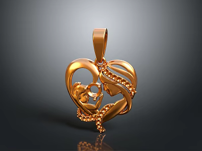 Golden Heart Shaped Pendant With Mother And Child Kissing Design Jewelry Accessory 3d model