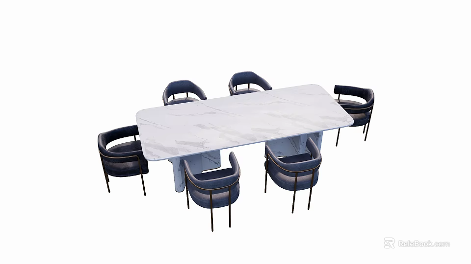 Modern Dining Table Set With White Marble Top And Six Dark Blue Chairs 3d model