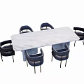 Modern Dining Table Set With White Marble Top And Six Dark Blue Chairs 3d model