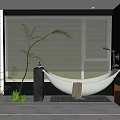 Luxurious Modern Bathroom Interior With Hanging Bathtub Palm Plant Window Blinds And Marble Floor