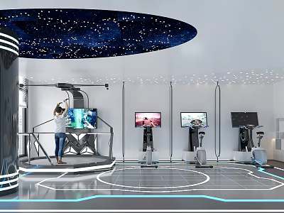 High Tech Fitness Studio With Starry Ceiling Multiple Screens And Exercise Equipment 3d model
