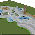 Park Landscape Design With Children's Playground Slide Sandpit Water Pools And Curved Pathways