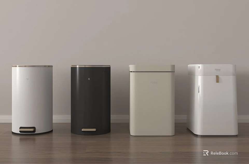 Modern Trash Cans In Different Colors For Home Use With Sleek Design On Wooden Floor 3d model 
