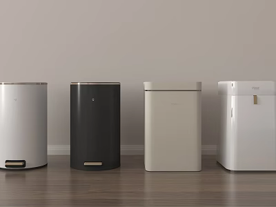 Modern Trash Cans In Different Colors For Home Use With Sleek Design On Wooden Floor 3d model