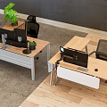Office Workspace With Three Monitors Code Display Green Plants Headphones And Office Equipment