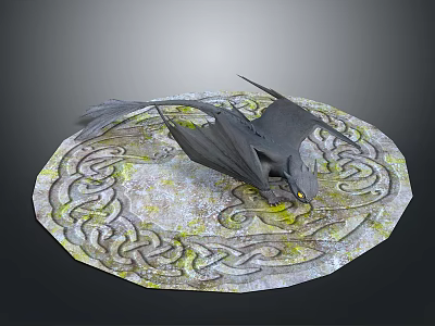 Game Movie Dragon Character Lying On Circular Stone Slab With Intricate Patterns And Moss 3d model