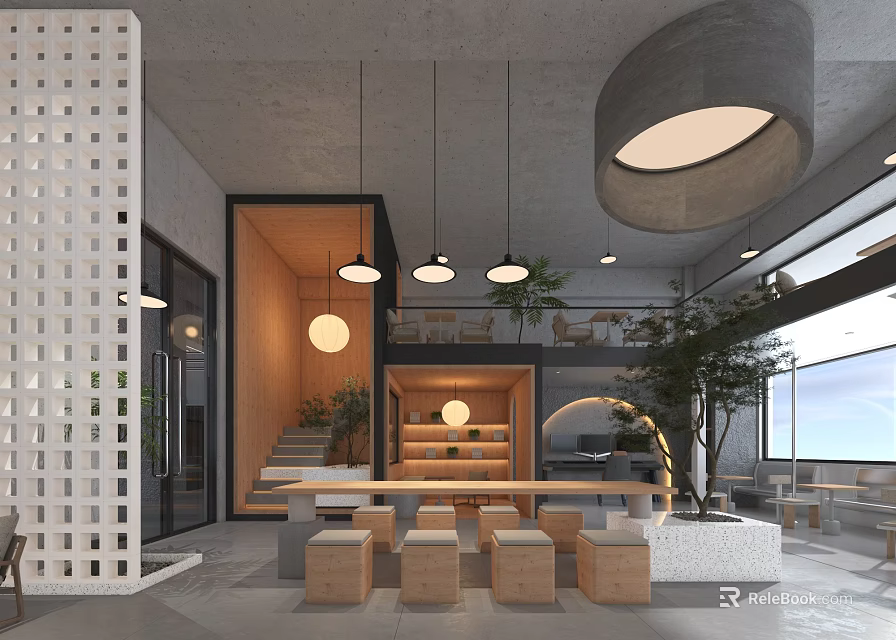 Modern Café Open Space Design With Wooden Elements Hanging Lights Green Plants And Staircase Seating 3d model 