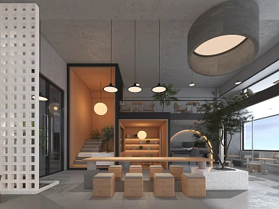 Modern Café Open Space Design With Wooden Elements Hanging Lights Green Plants And Staircase Seating 3d model