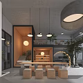 Modern Café Open Space Design With Wooden Elements Hanging Lights Green Plants And Staircase Seating