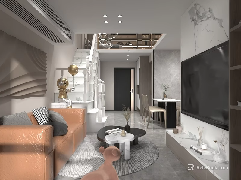 Modern Apartment Interior With Sofa Coffee Table TV And Staircase 3d model
