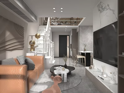 Modern Apartment Interior With Sofa Coffee Table TV And Staircase 3d model