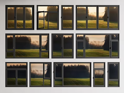 Various Opening Style Windows With Green Meadow Forest And Sunset Light 3d model
