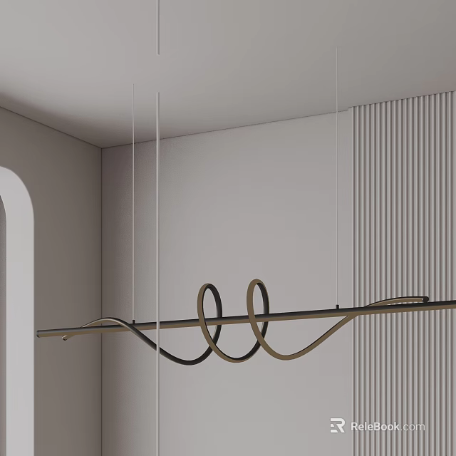 Unique Curved Metal Chandelier In Modern Minimalist Interior With Vertical Striped Wall 3d model 