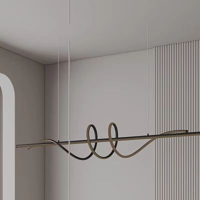 Unique Curved Metal Chandelier In Modern Minimalist Interior With Vertical Striped Wall 3d model
