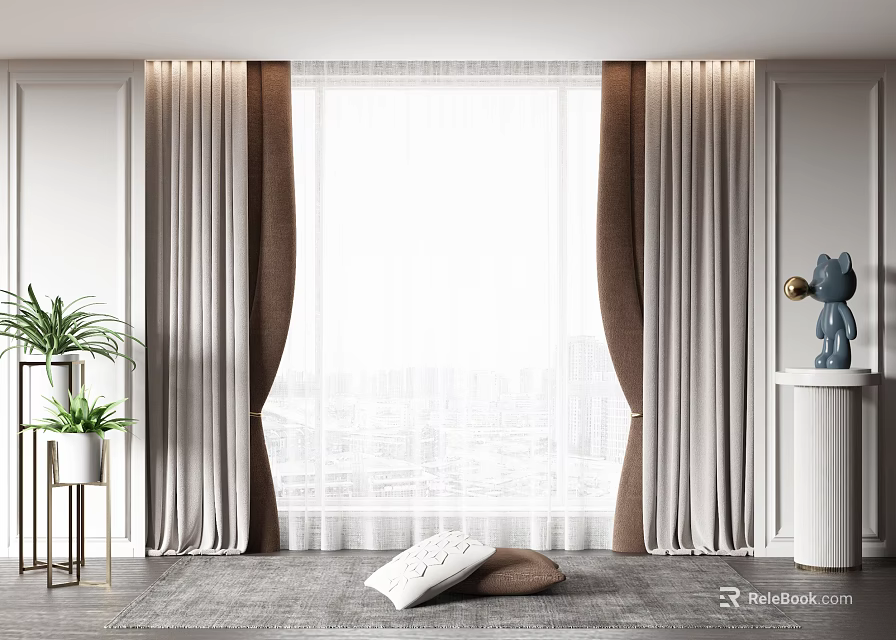 Modern Beige and Brown Curtains in Contemporary Living Room with Window Plant and Decorative Statue 3d model 