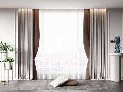 Modern Beige and Brown Curtains in Contemporary Living Room with Window Plant and Decorative Statue 3d model